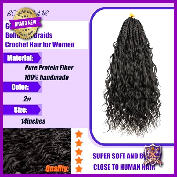 14 Inch Pre-Looped Goddess Box Braids Crochet Hair Extensions Protein Fiber main image 6